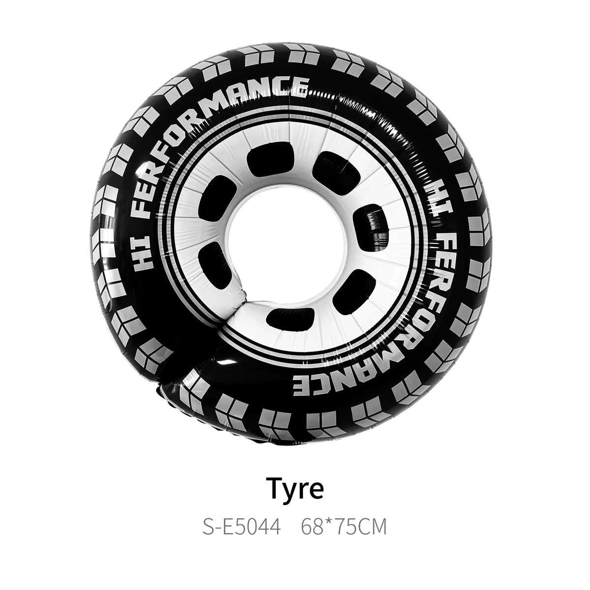 A black tire with white lettering and tread pattern, labeled HI PERFORMANCE.