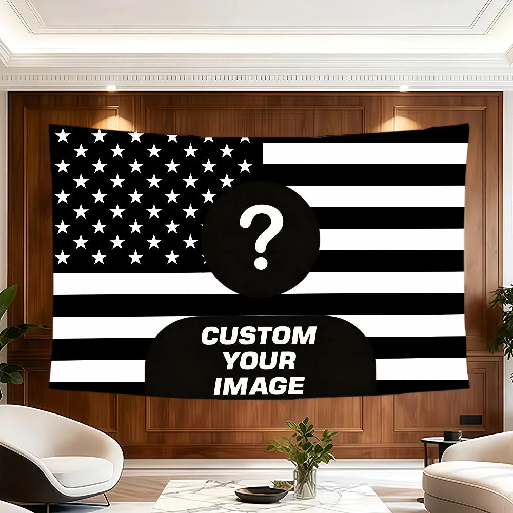 A large tapestry featuring the American flag design with a question mark overlay on a black background.
