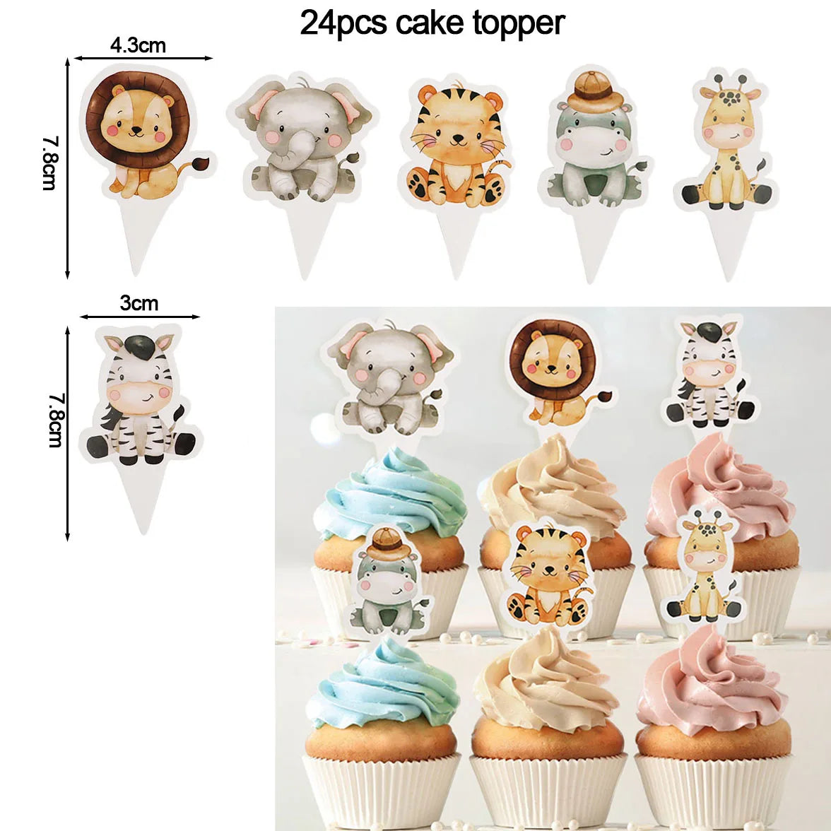 A set of 24 pieces of cake toppers featuring various animal characters like lions elephants and giraffes on white paper stick