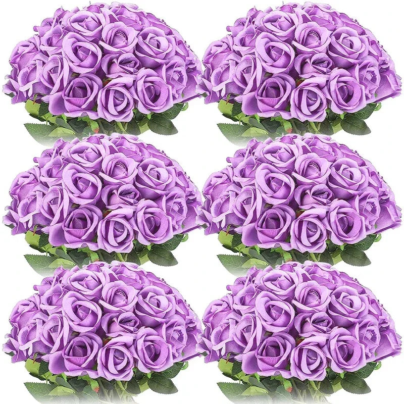 A collection of purple artificial silk rose bouquets arranged in a grid.