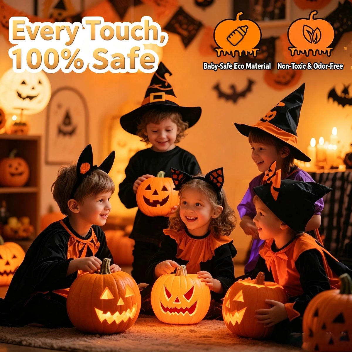 Children are interacting with glowing LED pumpkins for Halloween decoration.