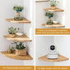Natural wooden corner floating shelf displaying various items like plants and small decorative objects