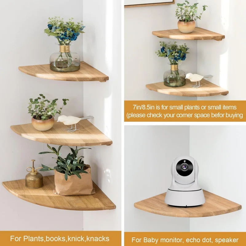 Natural wooden corner floating shelf displaying various items like plants and small decorative objects