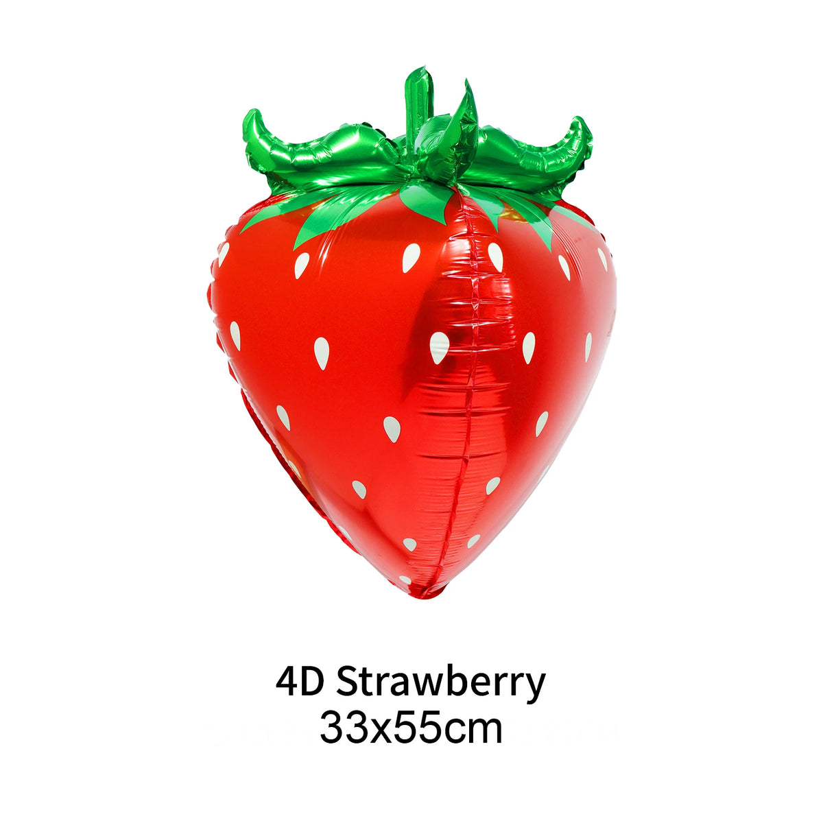 A red strawberry shaped balloon with green leaves and white dots.
