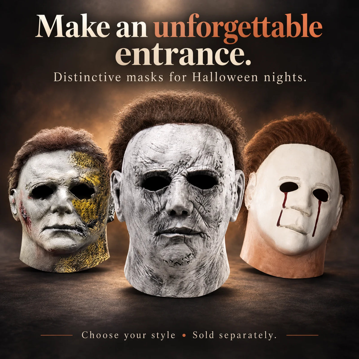 Three distinct latex masks resembling Michael Myers for Halloween nights, showing various facial expressions and scar details