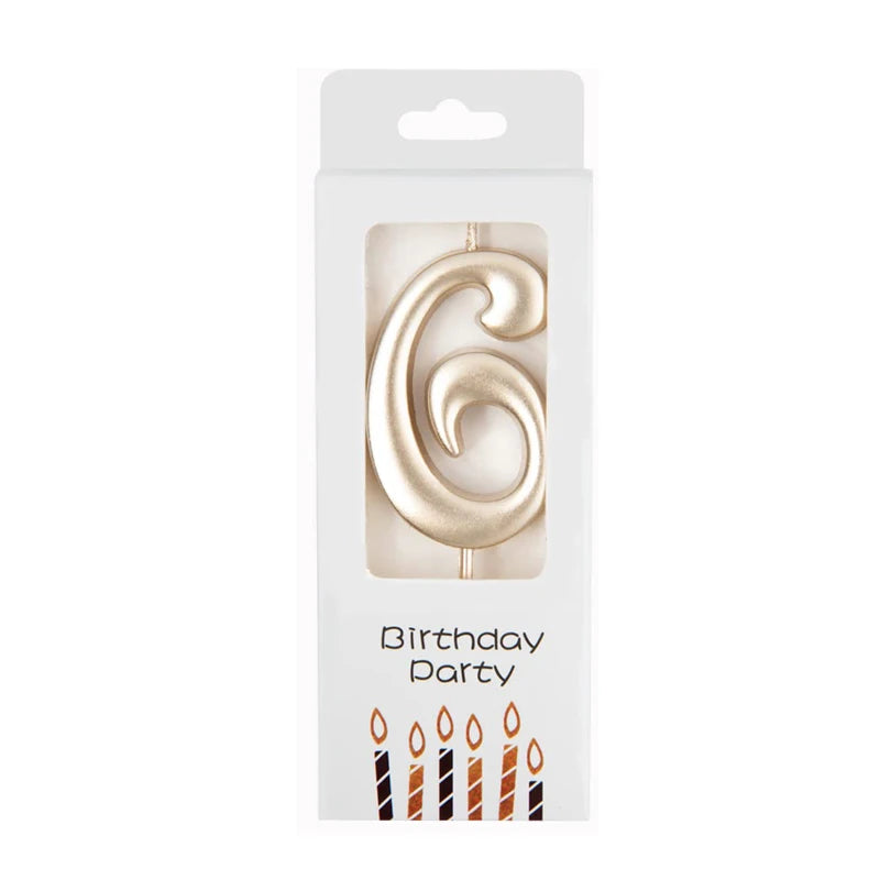 A package containing champagne gold number candles for birthday cakes and party decor.