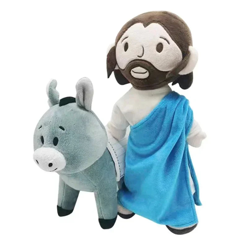 A plush doll depicting Jesus and the Virgin Mary with facial hair and draped cloth.