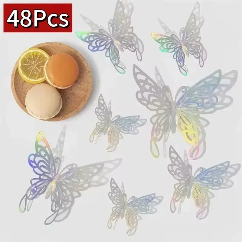 A set of 48 3D hollow butterfly wall stickers in gold and silver metallic decor.