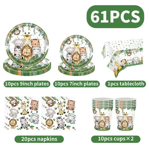 Jungle safari birthday decor set including 61 pieces of plates, tablecloths, and napkins