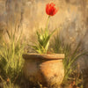 A painting of a red tulip growing in an earthen pot surrounded by green grasses and dry foliage.