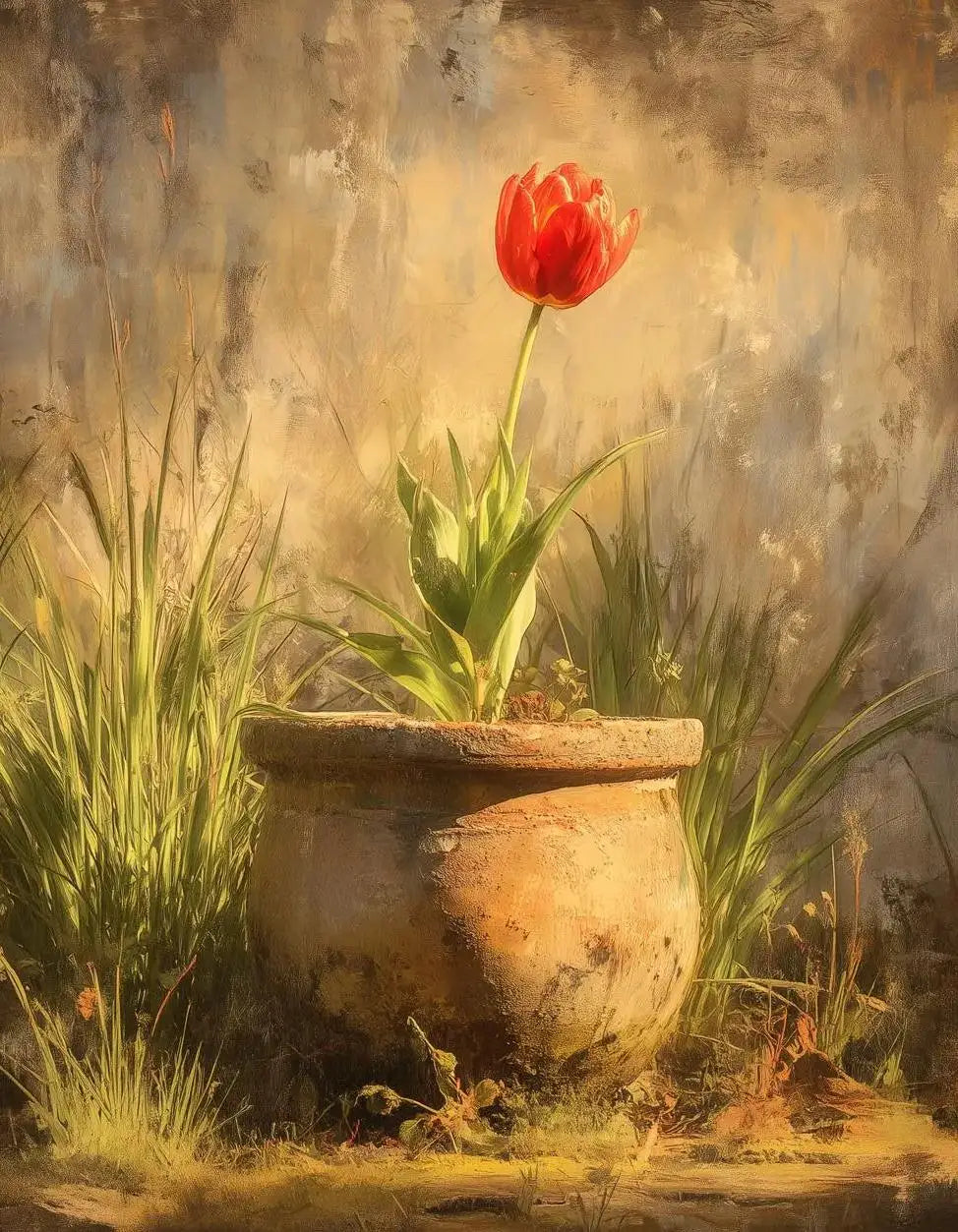 A painting of a red tulip growing in an earthen pot surrounded by green grasses and dry foliage.