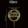 A gold-colored acrylic happy birthday cake topper with the text Happy Birthday on a circular design.