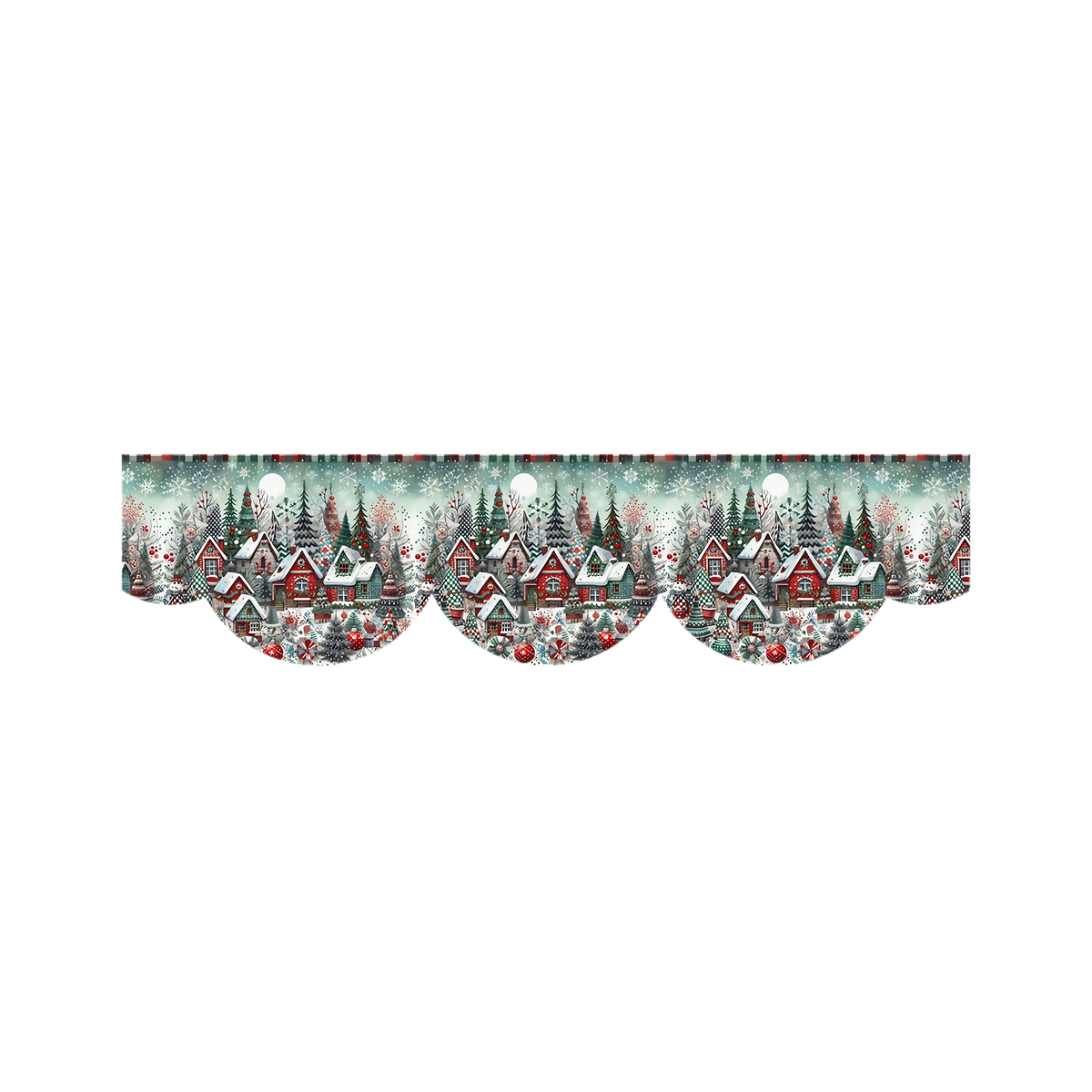 A festive Christmas fireplace scarf featuring a pattern of pine trees, berries, and houses.