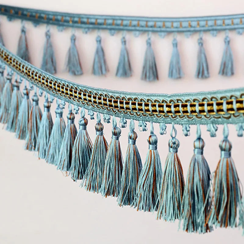 Blue teal tassel fringe trim with gold embroidery for curtains and DIY projects