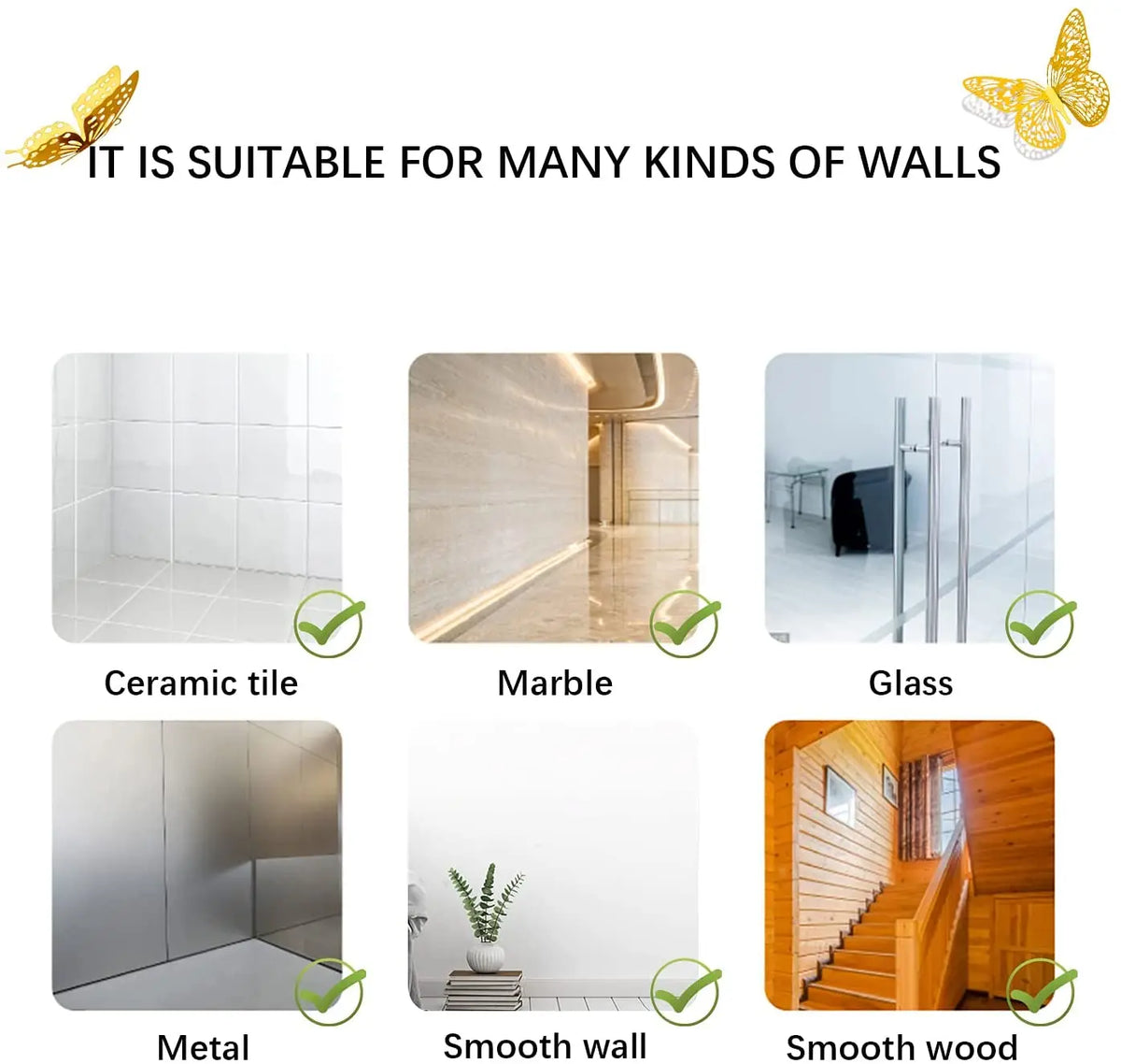 A set of 3D luminous butterfly wall stickers shown suitable for various surfaces like ceramic tile, marble, glass, metal, and