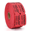 A roll of red tearable raffle tickets with printed numbers and text.