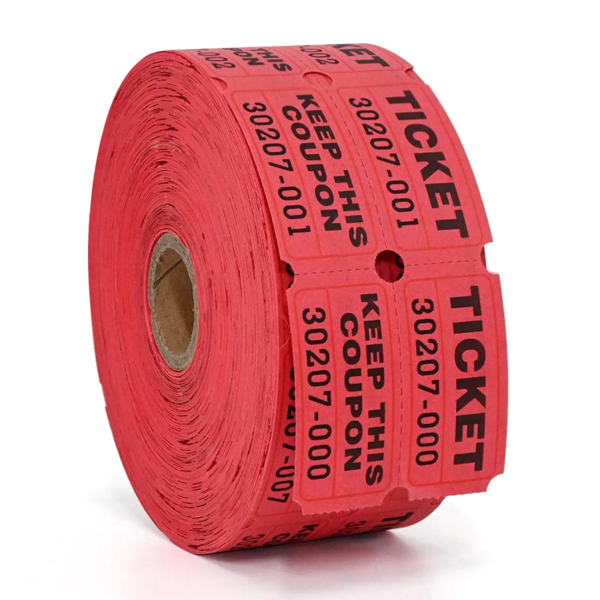 A roll of red tearable raffle tickets with printed numbers and text.