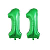 Two shiny green foil number balloons shaped like the number one for birthday party decor