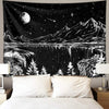 A black tapestry depicting a starry night landscape with mountains, water, and trees in white and gray.