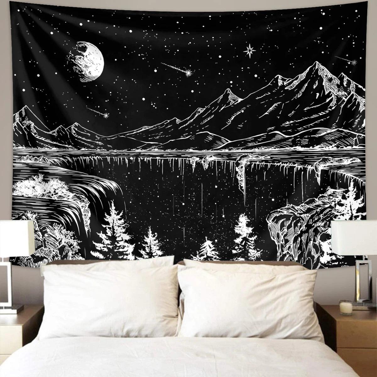 A black tapestry depicting a starry night landscape with mountains, water, and trees in white and gray.