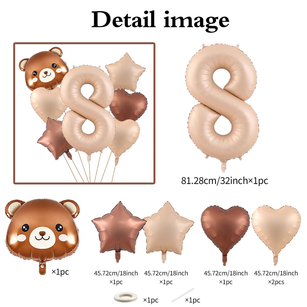 A set of brown and nude foil balloons shaped like the number eight and bear faces