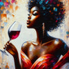A portrait of a Black woman with an afro hairstyle holding a glass of red wine against an abstract, colorful background.