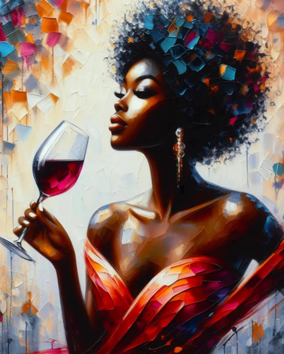 A portrait of a Black woman with an afro hairstyle holding a glass of red wine against an abstract, colorful background.