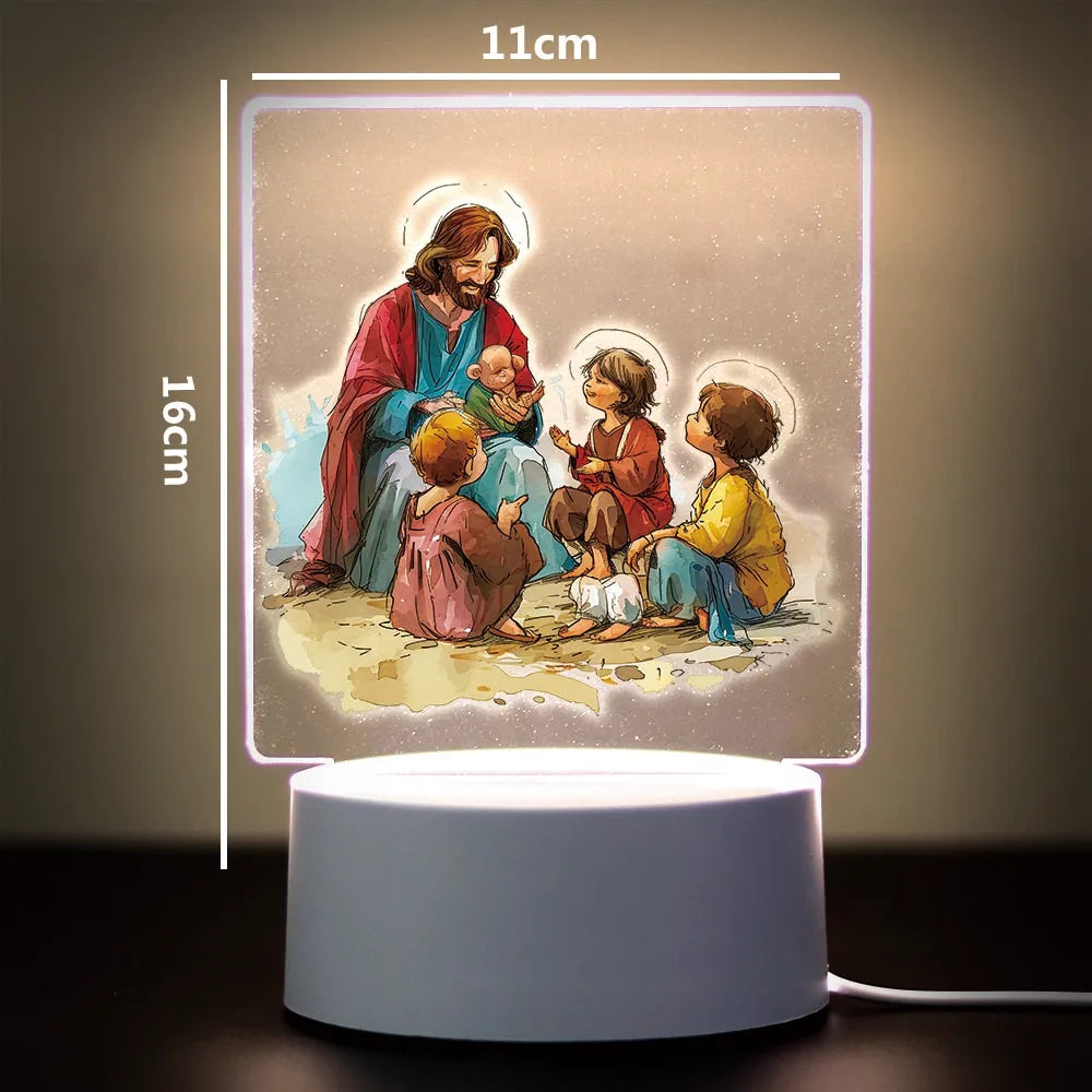 A 3D LED night light featuring a painting of Jesus with children, illuminated by a soft glow.