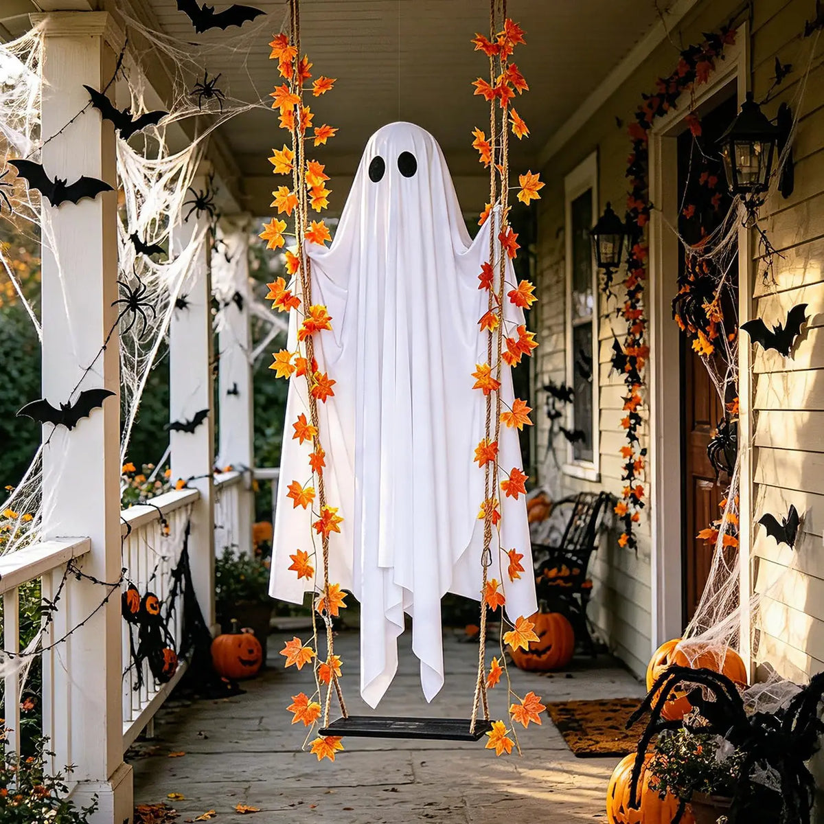 Una decoración fantasma de tela blanca cuelga en un porche, adornada con hojas de arce naranjas y murciélagos para Halloween.