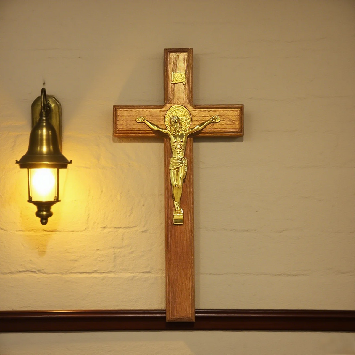 A wooden crucifix with a gold Jesus figure mounted on a light-colored wall.