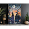 Canvas wall art depicting a dark witch in a long cloak standing in a forest under a full moon and starry night sky.