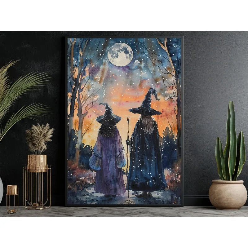 Canvas wall art depicting a dark witch in a long cloak standing in a forest under a full moon and starry night sky.