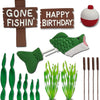 A fishing theme party decorating kit featuring a wooden cross, a birthday sign, a fish cutout, and green aquatic plants.