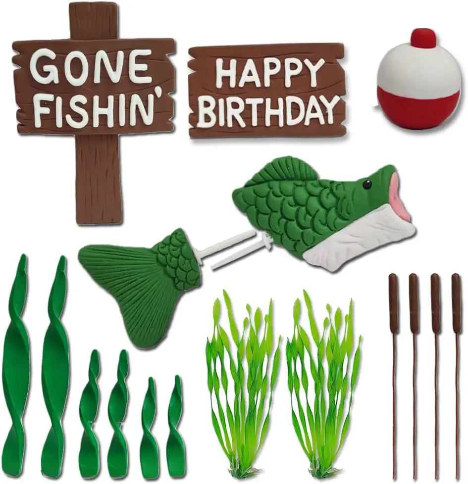A fishing theme party decorating kit featuring a wooden cross, a birthday sign, a fish cutout, and green aquatic plants.