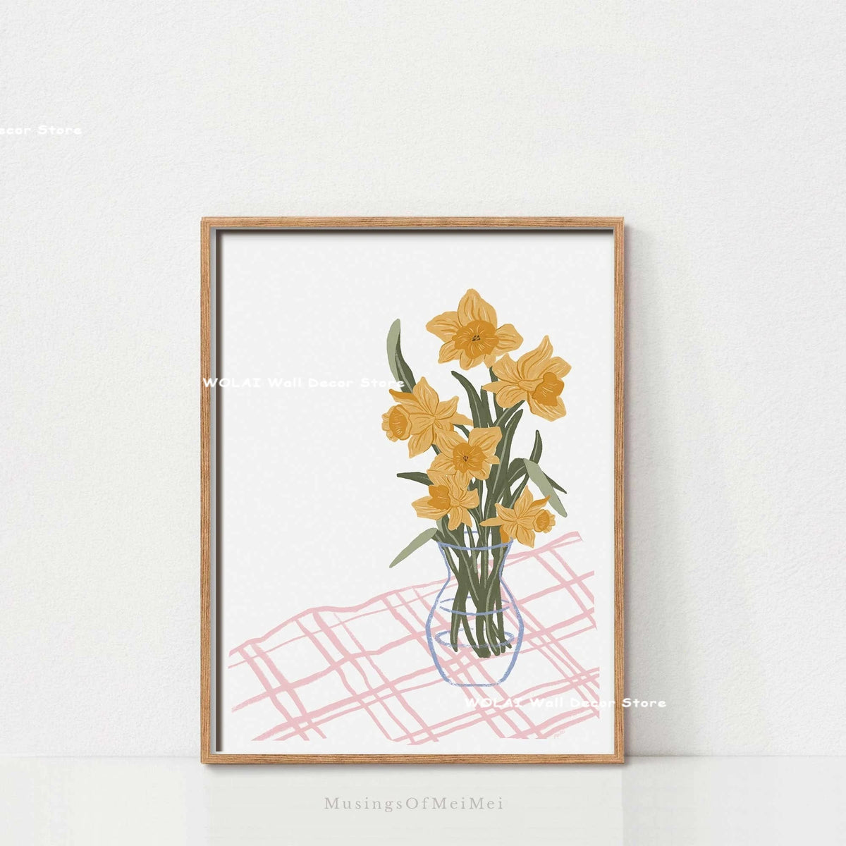 Botanical Philodendron canvas wall art featuring yellow flowers in a glass vase on a pink plaid surface.