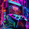 A neon pop gaming console is displayed with vibrant purple and pink lighting, reflecting on a dark surface.