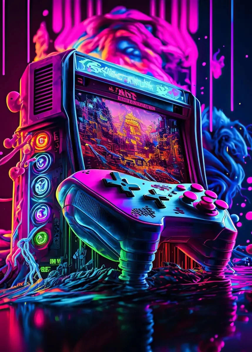 A neon pop gaming console is displayed with vibrant purple and pink lighting, reflecting on a dark surface.