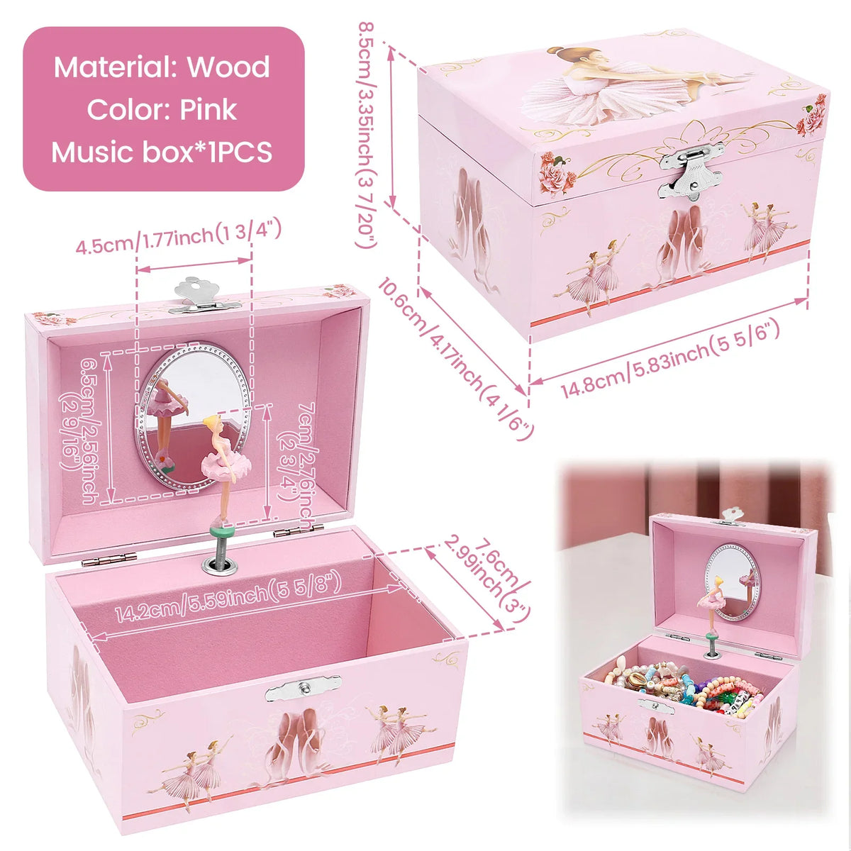Pink wooden music box with a ballerina figurine and jewelry storage inside