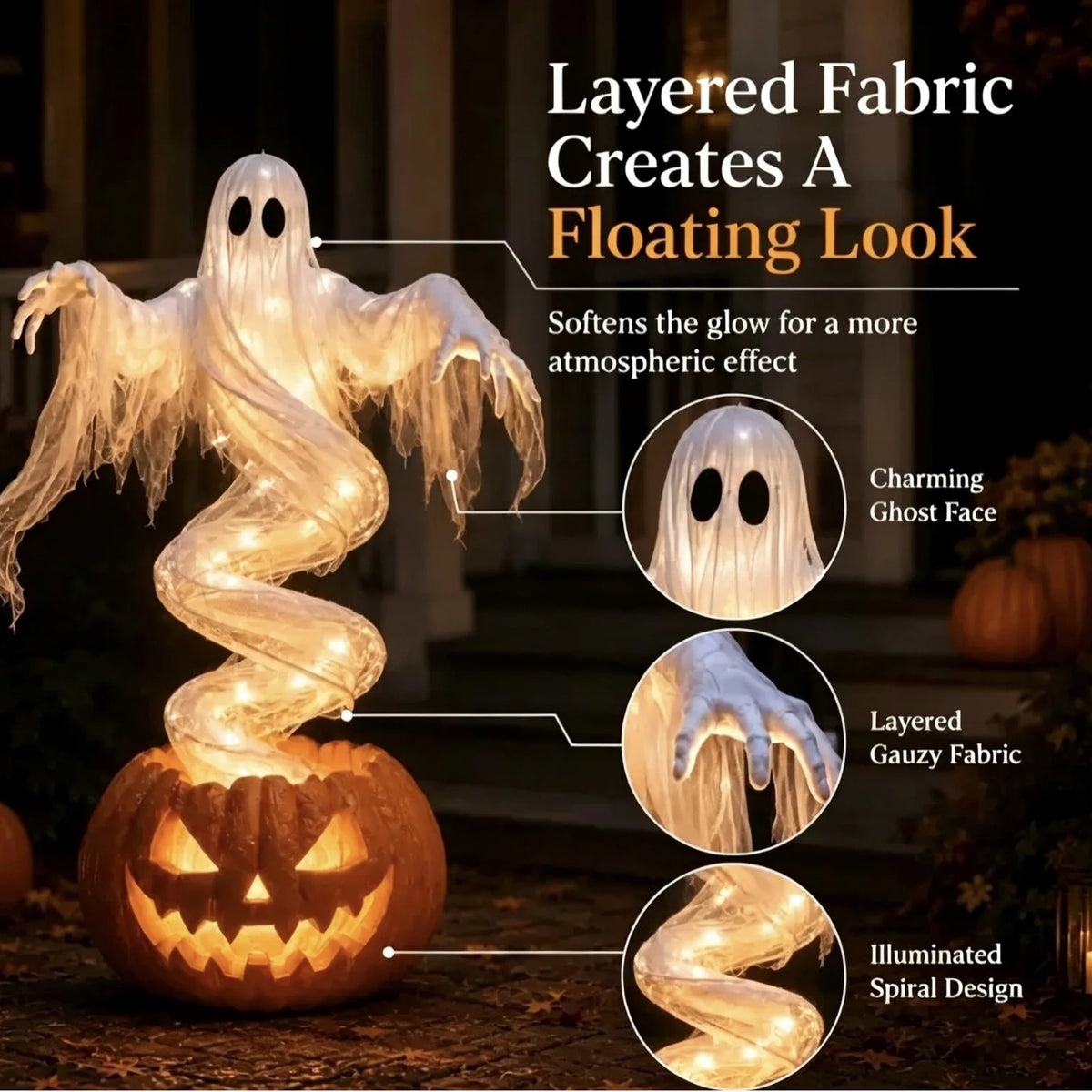 A glowing, layered fabric ghost figure in a swirling design illuminates a carved pumpkin for Halloween decor.