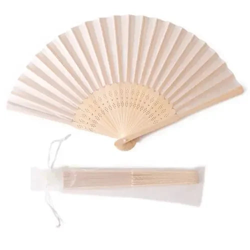 A fan made of silk and bamboo with a pleated, light beige paper frame.