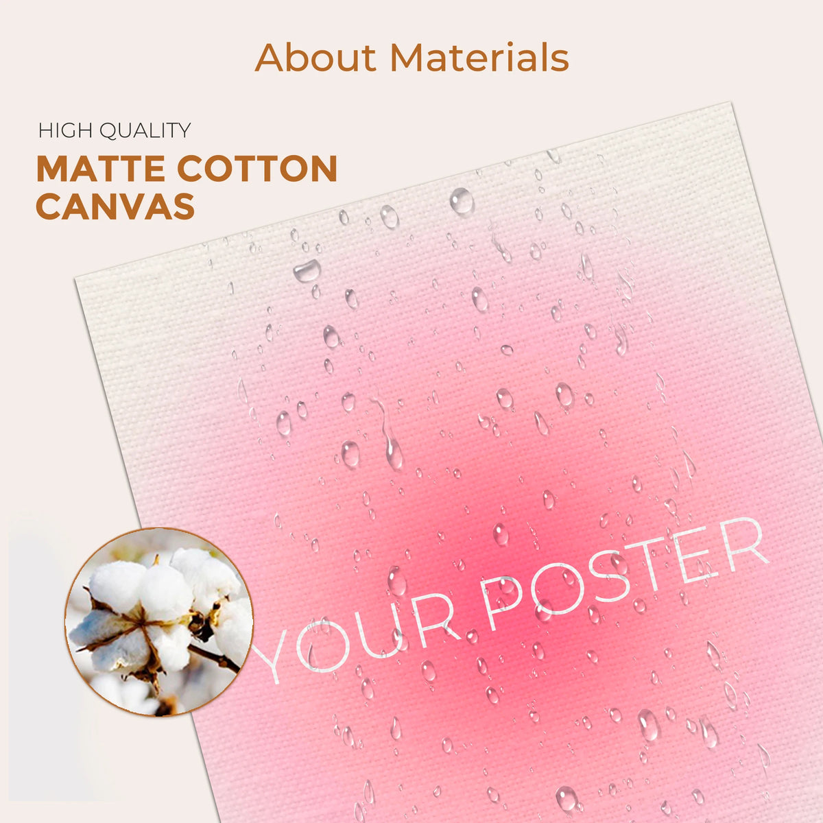 Primer plano de lona de algodón mate con fondo degradado rosa y gotas de agua y el texto Tu Póster.