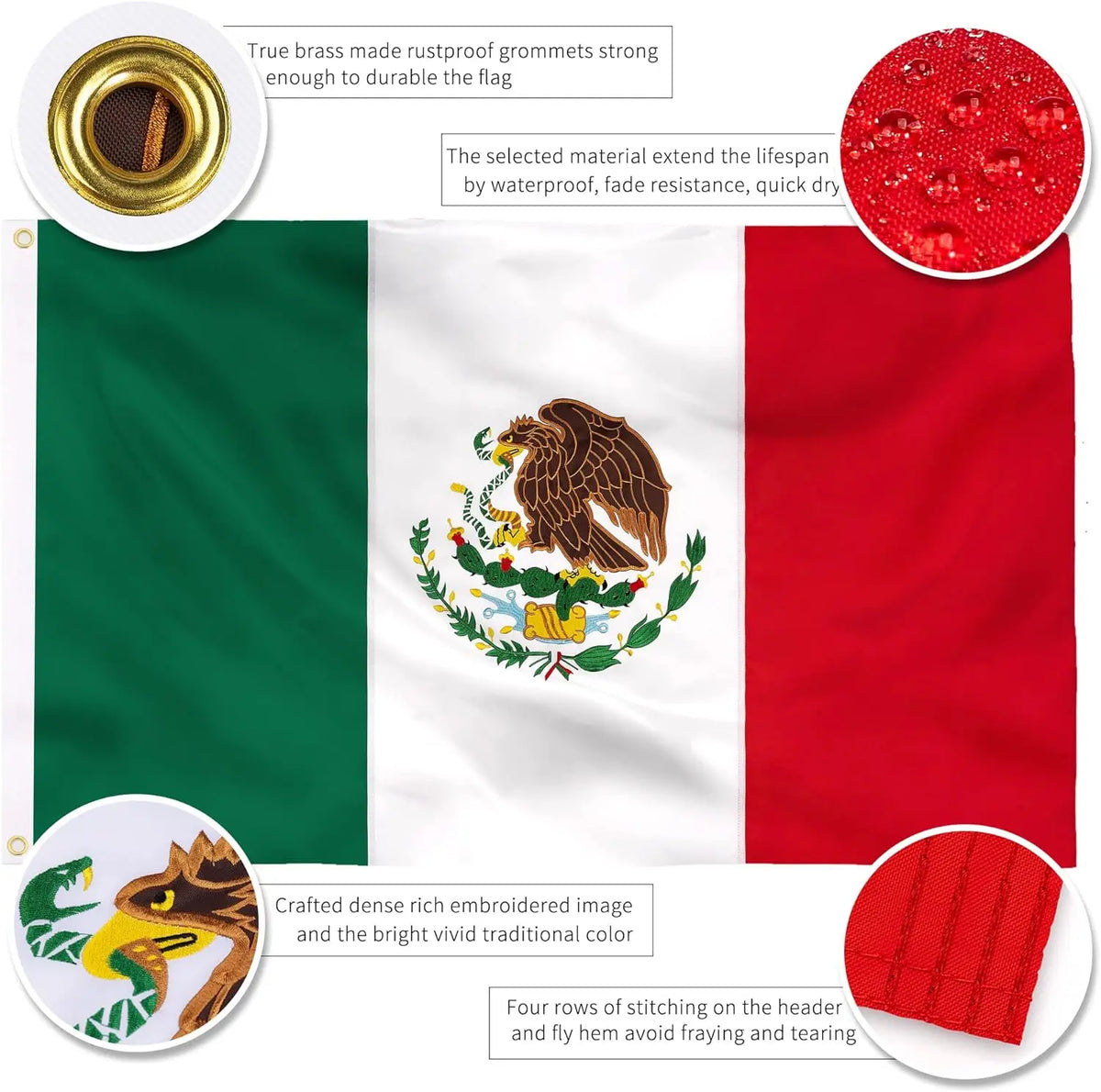 Embroidered Mexico flag tapestry banner featuring a national coat of arms and vibrant colors
