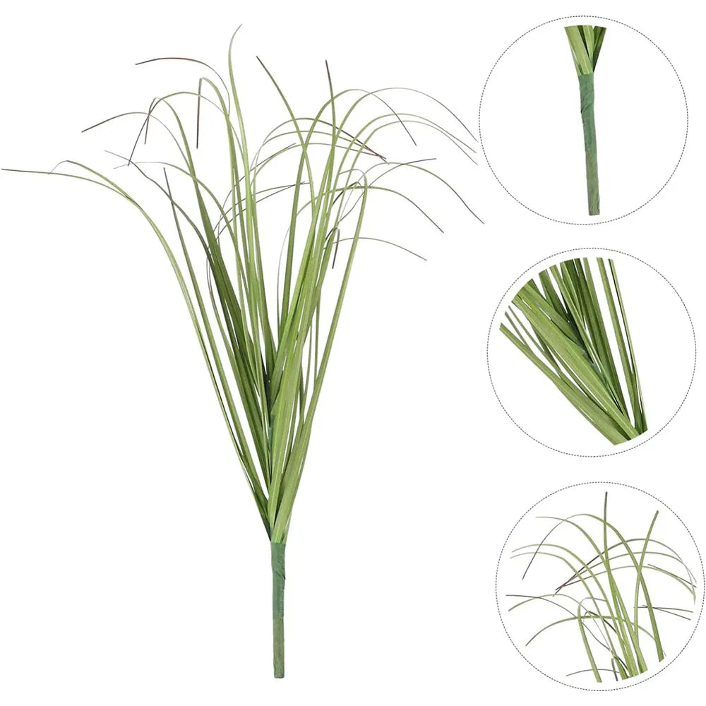 A bundle of artificial grass greenery showing a vertical plant with detailed close-ups.