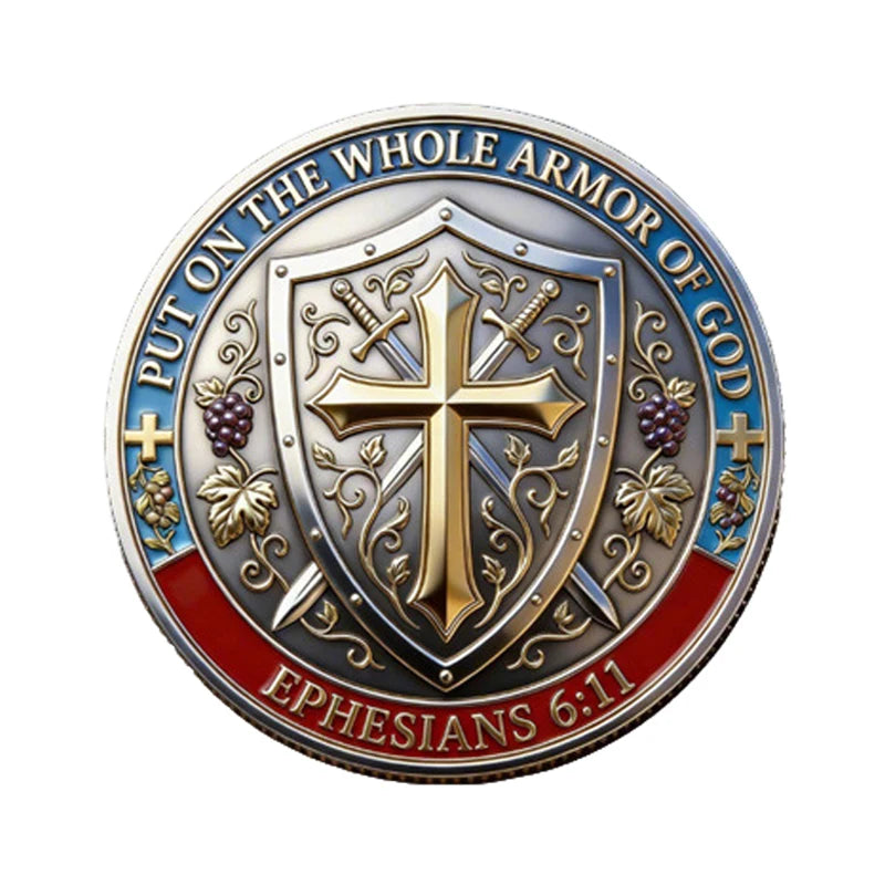 A commemorative coin design featuring a shield with a cross and text from Ephesians 6:11