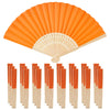 A set of orange paper hand fans with wooden sticks and gift bags