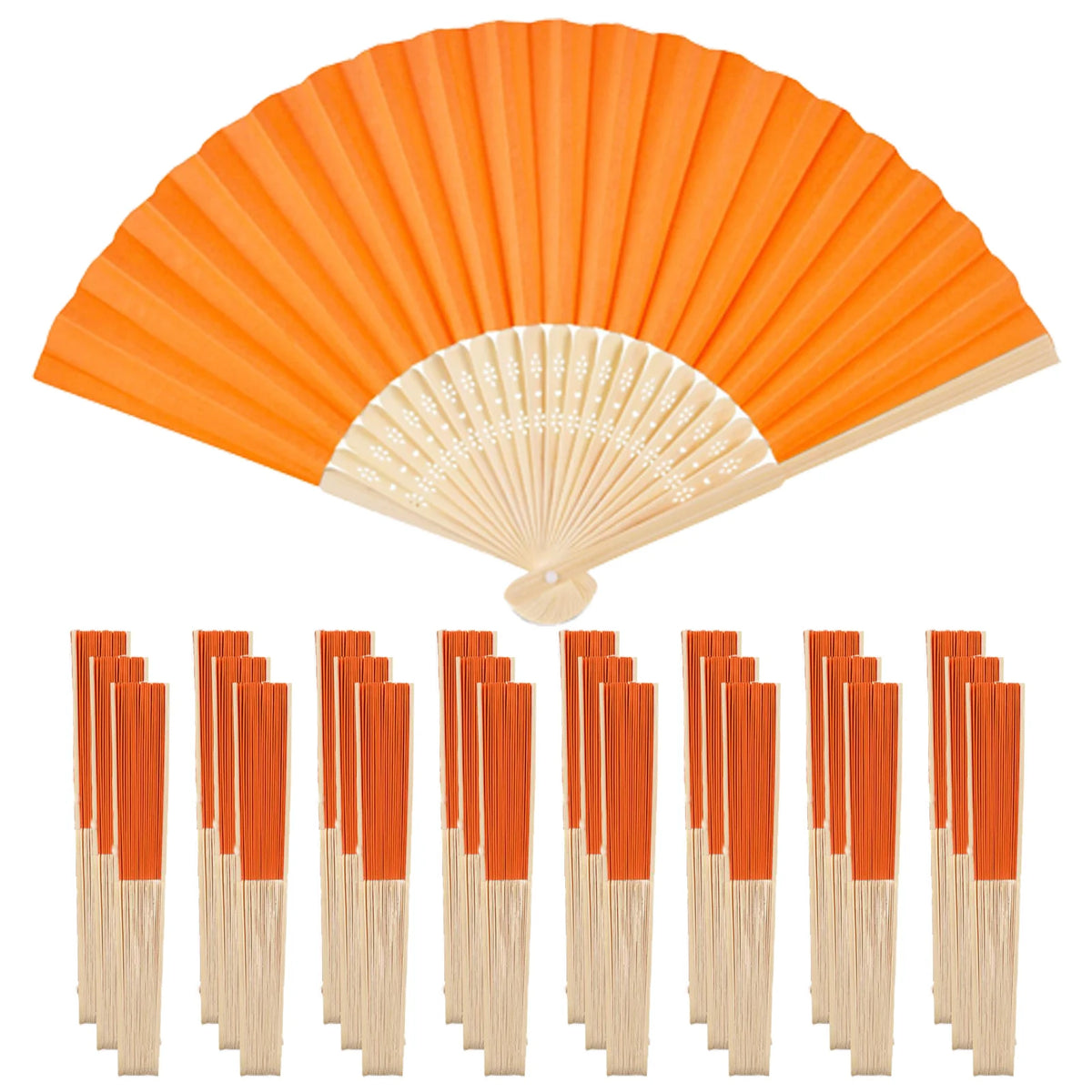 A set of orange paper hand fans with wooden sticks and gift bags