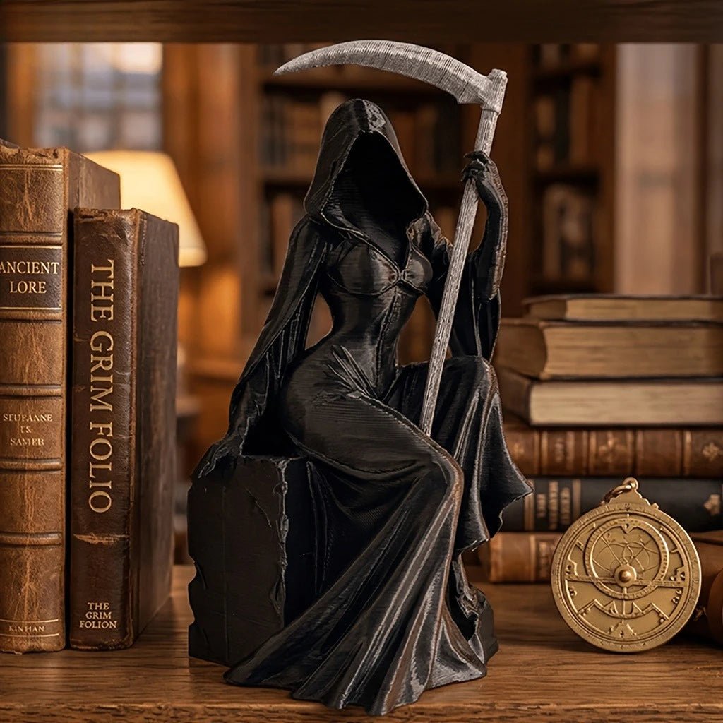 Dunkle Statue eines gotischen Erntemachers mit Sichel auf Holzoberfläche neben alten Büchern