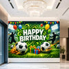A vibrant green backdrop banner for a happy birthday featuring balloons, trophies, and footballs.