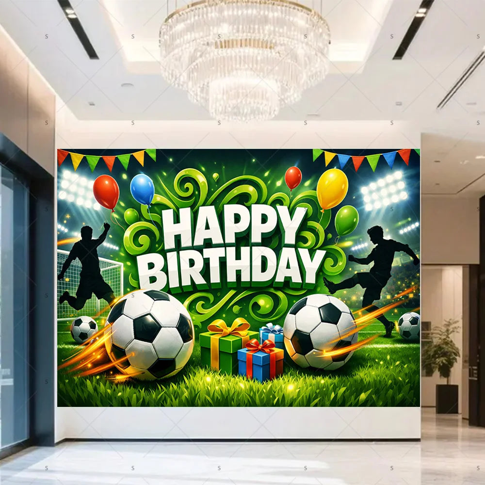 A vibrant green backdrop banner for a happy birthday featuring balloons, trophies, and footballs.