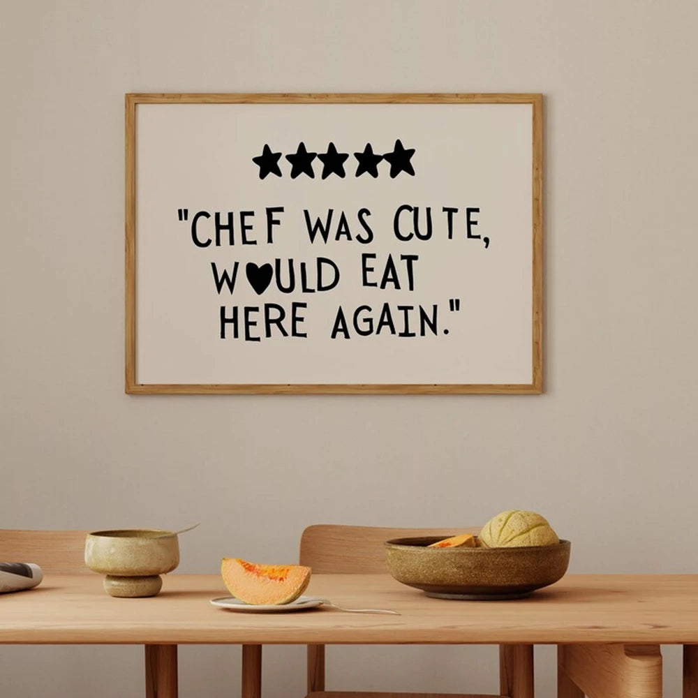Minimalist canvas wall art featuring five black stars and the text Chef was cute would eat here again